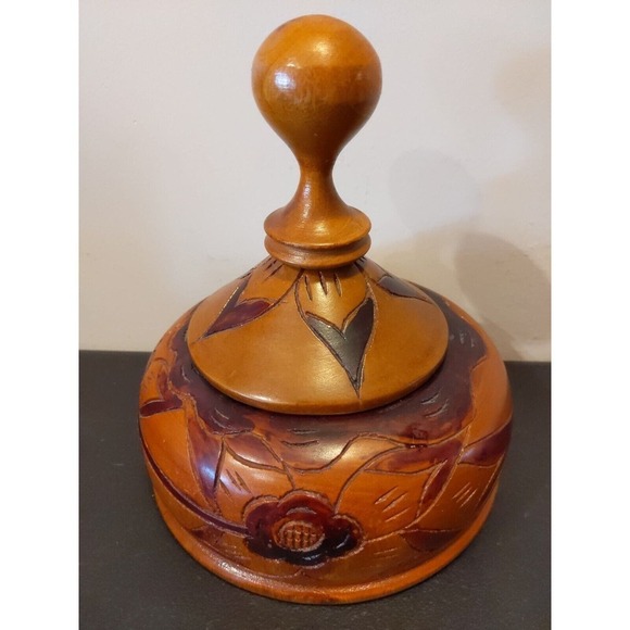 Wood Unique Hand Carved Floral Wooden Bowl w/ Lid 7.5"H x 6.5"L Urn Trinket - Picture 2 of 10